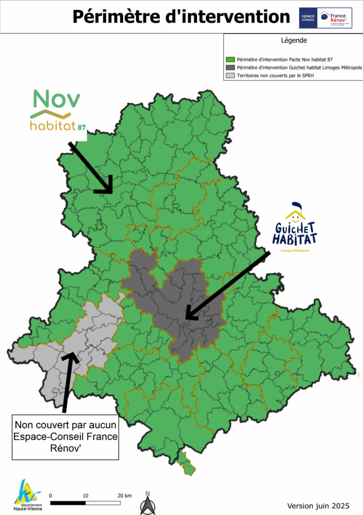 Carte du périmètre d'intervention du service Nov Habitat 87 en 2025